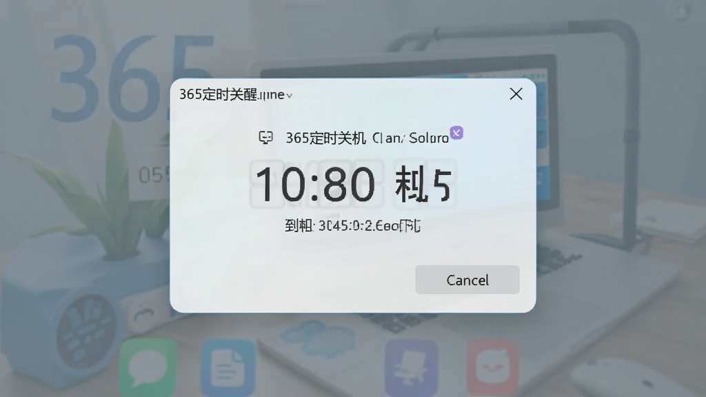 一张展示365定时关机软件关机前提醒弹窗的图片,弹窗中显示倒计时秒数和取消按钮,背景为半透明遮罩,风格柔和友好,画质清晰,无多余元素