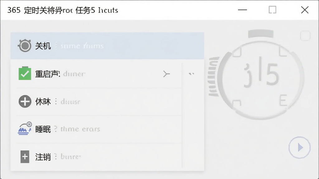 一张展示365定时关机软件任务类型选择菜单的图片,菜单中列出关机、重启、休眠、睡眠、注销等选项,界面布局整齐,背景为浅灰色,风格商务简约,画质清晰,无多余元素
