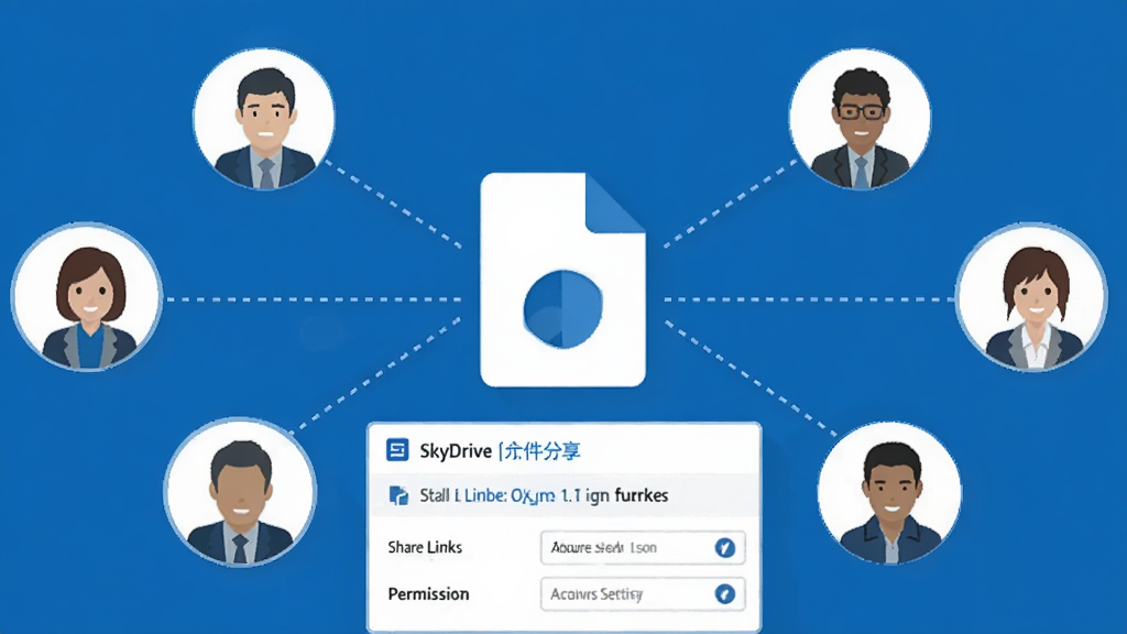 һ��չʾSkyDrive�ļ��������ܵĲ�ͼ������������һ���ļ�ͼ�꣬��Χ�����Ŷ���û�ͷ���û�֮�����������ӣ��ļ�ͼ���·���ʾ�������Ӻ�Ȩ��������壬���������ɫ������ɫ�Ͱ�ɫΪ�����������������ֺ������ɾ��޶���Ԫ��