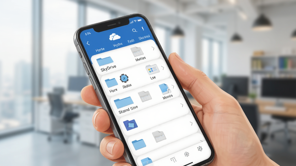 һ��չʾSkyDrive�ƶ���ʹ�ó����Ĳ�ͼ��������һֻ�����������ֻ����ֻ���Ļ����ʾSkyDriveӦ�õ��ļ��б����棬������ģ���İ칫�һ��������дʵ����ɫ��������Ȼ������������ϸ�ڷḻ���ɾ��޶���Ԫ��