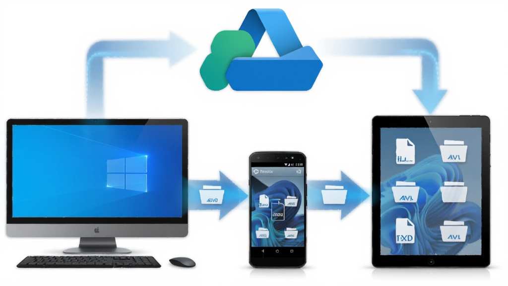 һ��չʾSkyDrive���豸ͬ�����ܵ�ʾ��ͼ�����������Windows���ԣ��м���Android�ֻ����Ҳ���ƽ����ԣ���̨�豸֮���÷������ɫ��ͷ���ӣ���ͷ���������ļ�ͼ�꣬������SkyDrive��־������ִ��Ƽ��У����ֶԳ����������ʸ��壬�ɾ�����