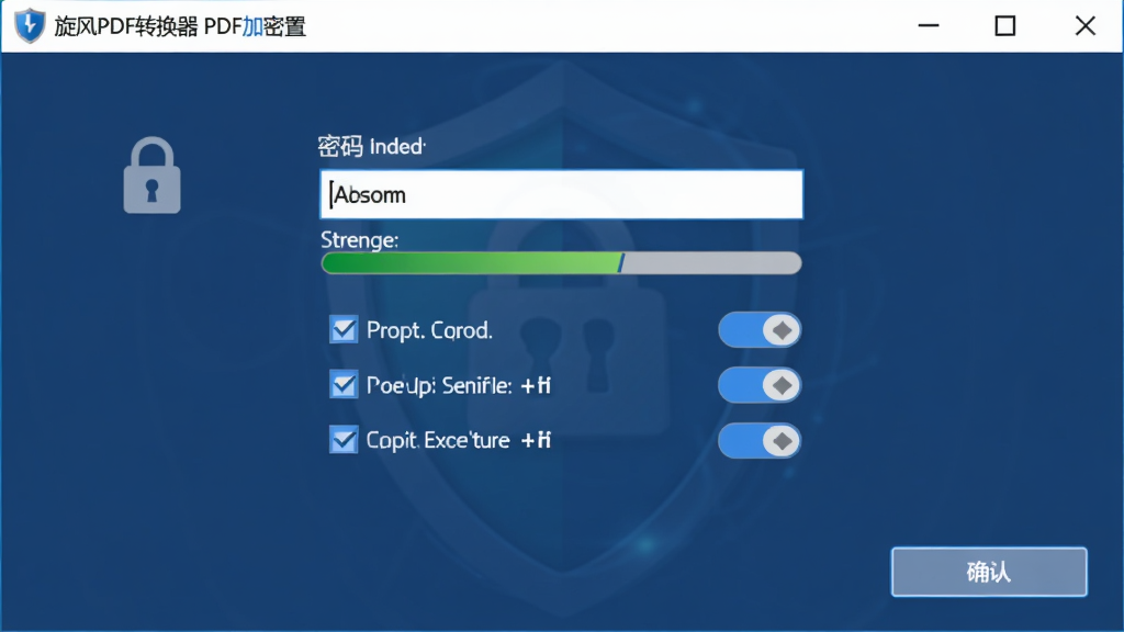 ����PDFת����PDF�������ý��棬����Ϊ������������ʾ����������Ȩ�޹�ѡ�б������ֲ��ô�ֱ�����Ű棬���Ϊ��ȫ�������������ɫ����ϸ�ڰ�������ͼ�ꡢ����ǿ��ָʾ������ӡ���Ʊ༭Ȩ�޿��ء�ȷ�ϰ�ť�����������ɾ��޶���Ԫ��