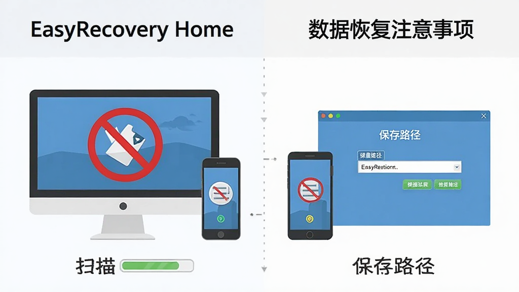 EasyRecovery Home ���ֲ���ע������ʾ��ͼ������Ϊ�������ƶ��豸����չʾ�����ֲ������Ҷ����Ű棬���Ϊ��ƽ����Ϣͼ��ϸ�ڰ�����ֹд��ͼ�ꡢɨ����ȡ�����·��ѡ����棬���������ɾ����޶���Ԫ�أ���������ʾ���� 