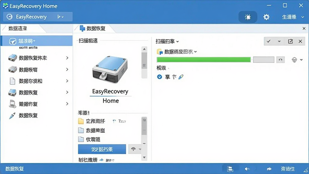 EasyRecovery Home �����������ͼ������Ϊ�������ھ���չʾ�����ֲ������ҷ����ṹ�����Ϊ���ܵ����˵����Ҳ�Ϊ����ѡ����ɨ����������Ű��������򣬷��Ϊ�ִ��Ƽ��� UI ��ƣ�ϸ�ڰ�������ͼ�ꡢɨ�谴ť���ļ�����ɸѡѡ����������ɾ����޶���Ԫ�أ���Ļ��������ʾ 
