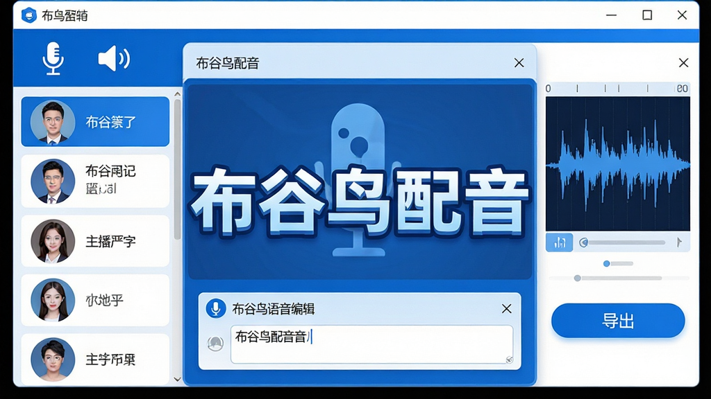 布谷鸟配音软件主界面全景展示,画面中央为软件名称“布谷鸟配音”艺术字,主体是文字转语音编辑窗口,左侧排列多种主播头像音色列表,右侧是波形预览与导出按钮,布局清晰,排版整齐,风格为现代科技蓝白配色,细节包含麦克风图标、扬声器图标、文字输入框,画质高清,画面干净,无多余元素