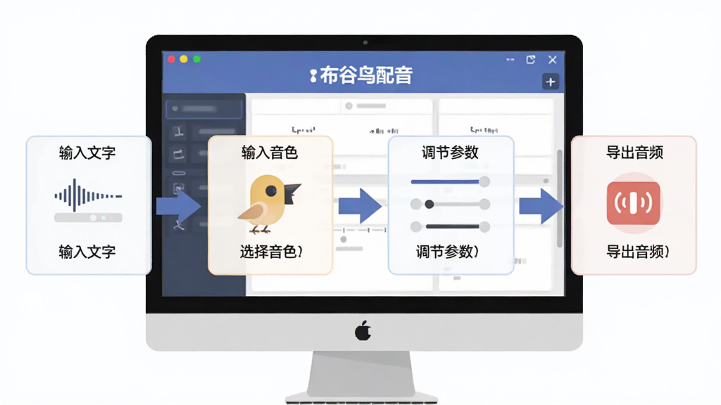 布谷鸟配音新手操作流程图,画面主体为电脑屏幕显示“布谷鸟配音”软件界面,布局从左到右依次为输入文字、选择音色、调节参数、导出音频四个步骤,排版为横向流程图,风格为扁平化信息图,细节包含箭头指示、图标说明、文字标注,画质清晰,画面干净,无多余元素