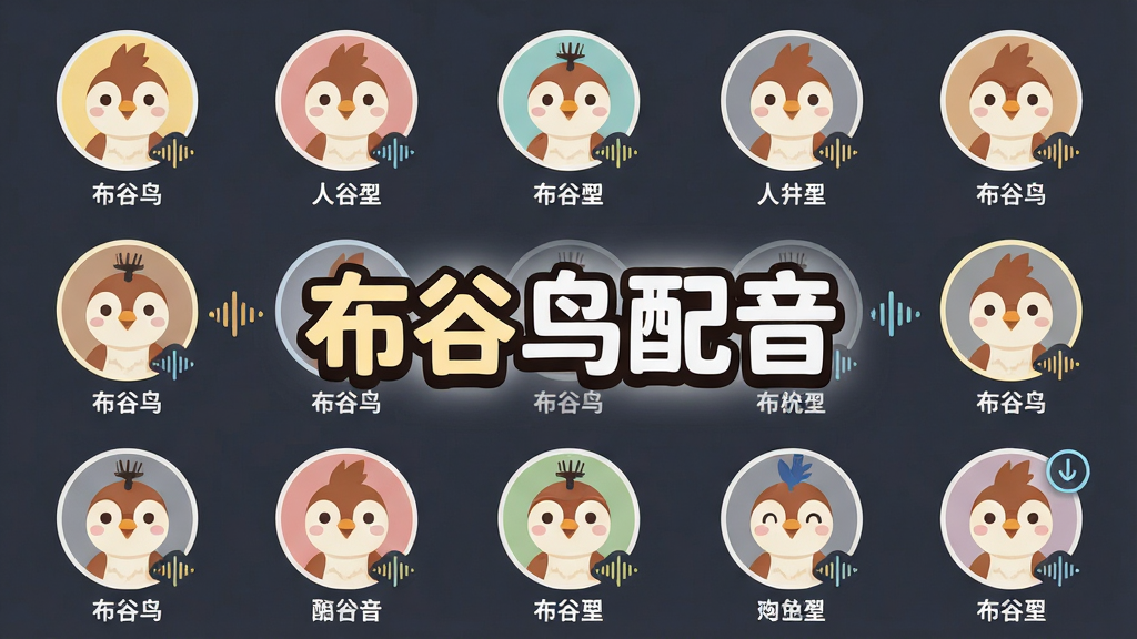 布谷鸟配音音色选择界面,画面中排列着众多圆形主播头像,每个头像下方标注音色名称,主体突出“布谷鸟配音”标识,布局为网格状,排版整齐,风格为扁平化卡通插画,细节有声音波形图标和选中高亮效果,画质清晰,画面干净,无多余元素