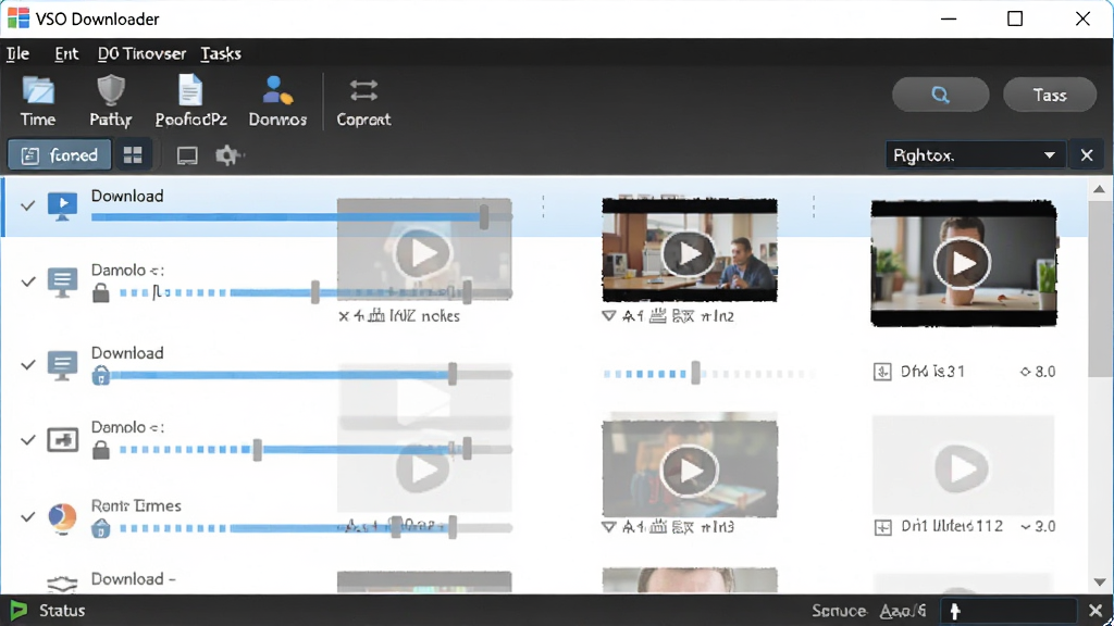 �������� VSO Downloader �������ͼ������Ϊ�������ھ���չʾ�������Ϸ�Ϊ�˵����������в�Ϊ���������б����·�Ϊ״̬�����Ű�����Գƣ����Ϊ�ִ���Լ�Ƽ��磬ϸ�ڰ�����ɫ��������������Ƶ����ͼռλ�������Ĺ��ܰ�ťͼ�꣬���ʸ���ɾ��޶���Ԫ��