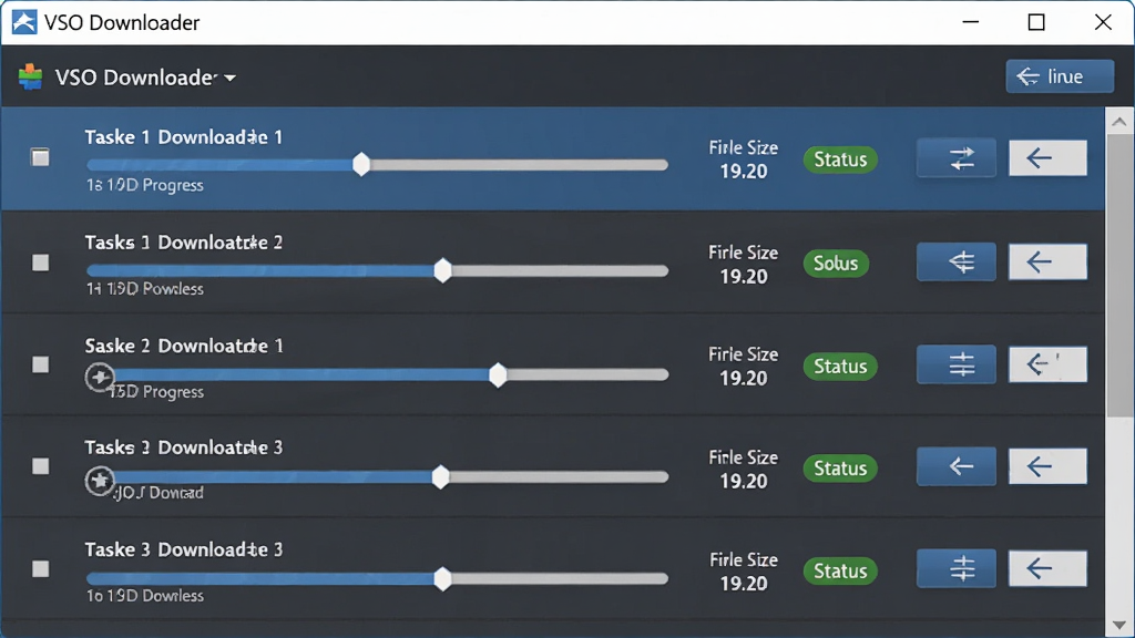 �������� VSO Downloader �������ع������棬����Ϊ�����б���壬����Ϊ�����б�չʾ���������Ű��η��������Ϊ��������ϸ�ڰ������������ļ���С��ע��״̬��ǩ��������ť�����ʸ���ɾ��޶���Ԫ��