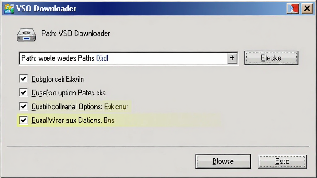 �������� VSO Downloader ��װ���ý����ͼ������Ϊ��װ�򵼴��ھ��У����ְ���·��ѡ����븴ѡ���Ű���������Ϊ���䰲װ�򵼷��ϸ�ڰ��������ť������ͼ�ꡢ�Զ���ѡ����������������ɾ��޶���Ԫ��
