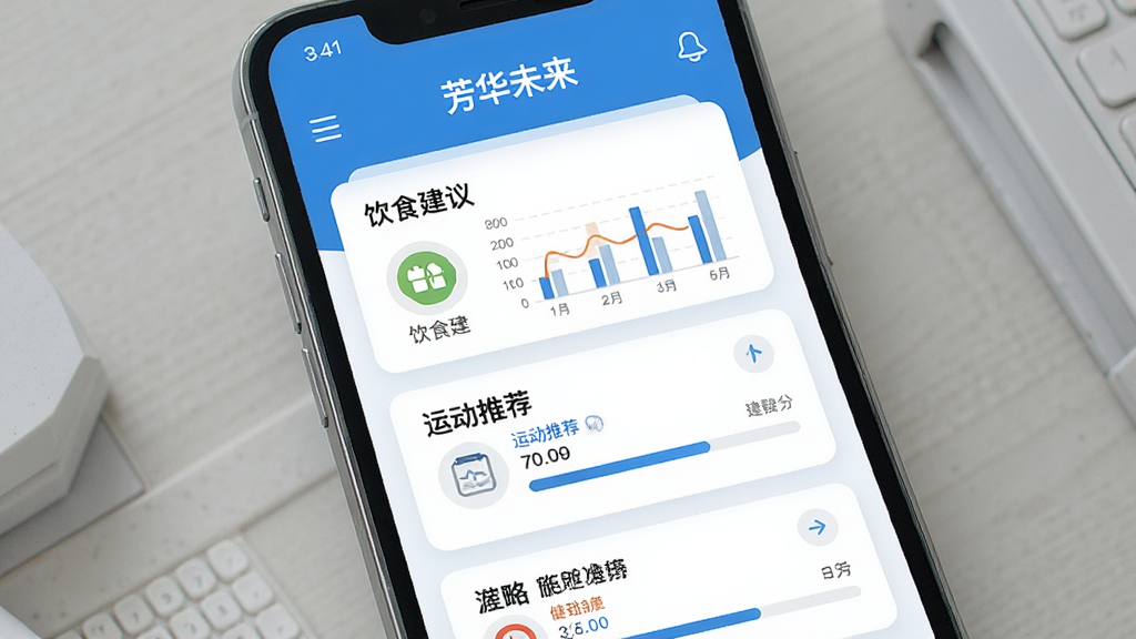 һ��������δ����APP���Ի������������ͼ����������Ϊ�ֻ���Ļ����ʾ������������뽨���б���������ʳ���顢�˶��Ƽ���ģ�飬����Ϊ���¹���ʽ��Ƭ���Ű����������Ϊרҵҽ��������ɫ��ϸ����ͼ��������������ʸ��壬�ɾ����޶���Ԫ��