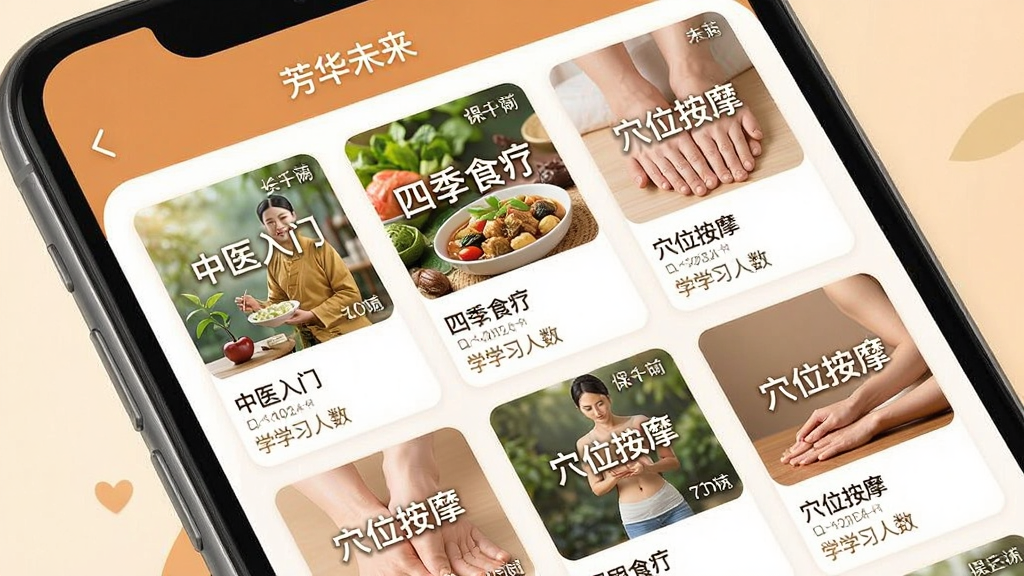 һ��չʾ������δ����APP�γ�ѧϰҳ���ͼƬ������Ϊ�ֻ���Ļ��д����Ļ�������Ŷ�������γ̷��棬�硰��ҽ���š����ļ�ʳ�ơ���Ѩλ��Ħ���ȣ����ֲ��������б����Ű����룬���Ϊ��ܰůɫ����ϸ�ڰ����γ�ʱ����ѧϰ�����ȱ�ǩ�������������ɾ����޶���Ԫ��