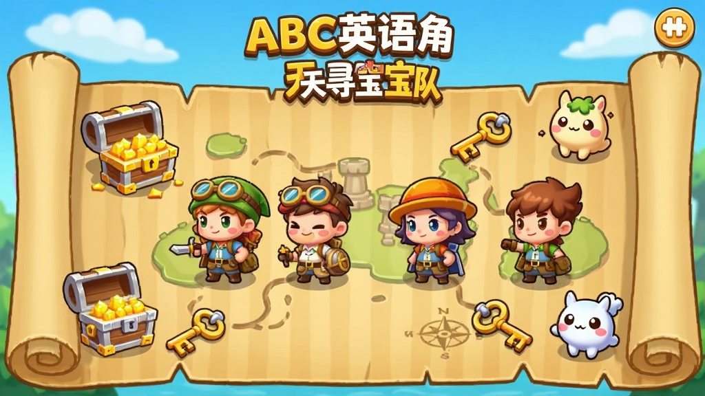 ABC英语角天天寻宝队游戏界面,主体为卡通藏宝地图和角色队伍,布局为横向卷轴式,风格为Q版冒险游戏画风,细节包含宝箱、钥匙和可爱的灵宠形象,画质明亮,干净,无多余元素