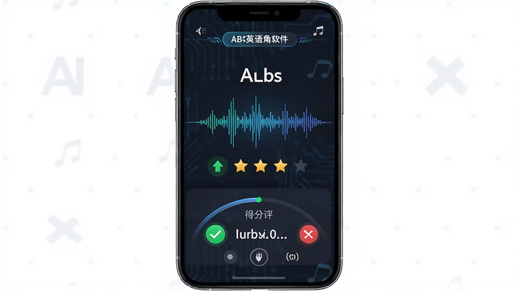 ABC英语角软件内的AI语音评测界面,主体为手机屏幕显示发音波形和评分星级,布局为上下结构,上方是单词跟读,下方是得分反馈,风格为科技感UI设计,细节包含绿色对勾和红色叉号提示,画质清晰,干净,无多余元素