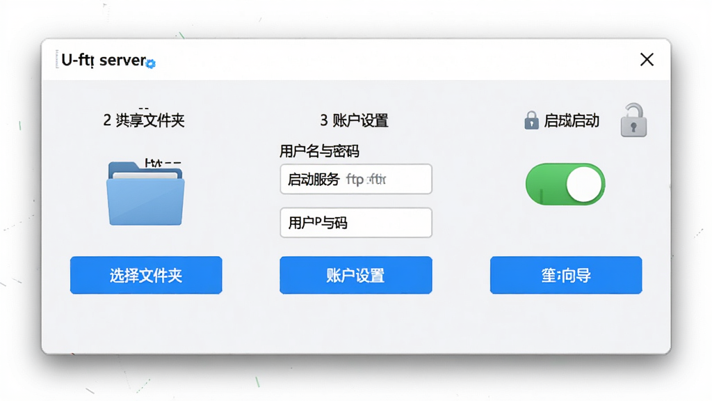 U-ftp server��򵼽��棬����չʾһ�����������򵼴��ڣ���һ��ѡ�����ļ��У��ڶ��������û��������룬��������ʾ��ɲ�������ť���������ǳɫ���������ɫ������ť��������Χ�е�������Ӱ�������ˬ��࣬ϸ�ڰ����ļ���ͼ�ꡢ����ͼ�����ɫ���������أ������������������ݰ�����U-ftp server����ѡ���ļ��С����˻����á����������񡱵��������ɾ��޶���Ԫ��