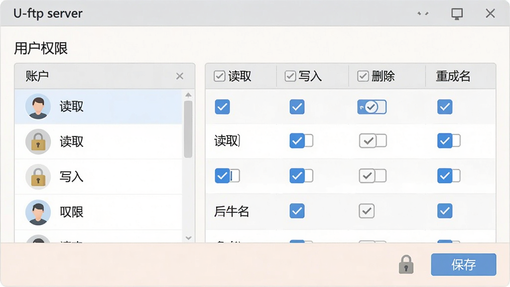 U-ftp server�˻�Ȩ��������壬����չʾһ��������ʽ��Ȩ�޹������棬���Ϊ�˻��б����Ҳ�Ϊ��Ӧ�Ķ�ȡ��д�롢ɾ������������Ȩ�޹�ѡ�򣬲��ֹ�ѡ��Ϊ��ɫѡ��״̬��������Ϊ��ƽ����ƣ���ɫ��ͣ�ϸ�ڰ����û�ͷ��ͼ�ꡢȨ����ͼ��ͱ��水ť�������������������ݰ�����U-ftp server�����û�Ȩ�ޡ�����ȡ����д�롱���������ɾ��޶���Ԫ��