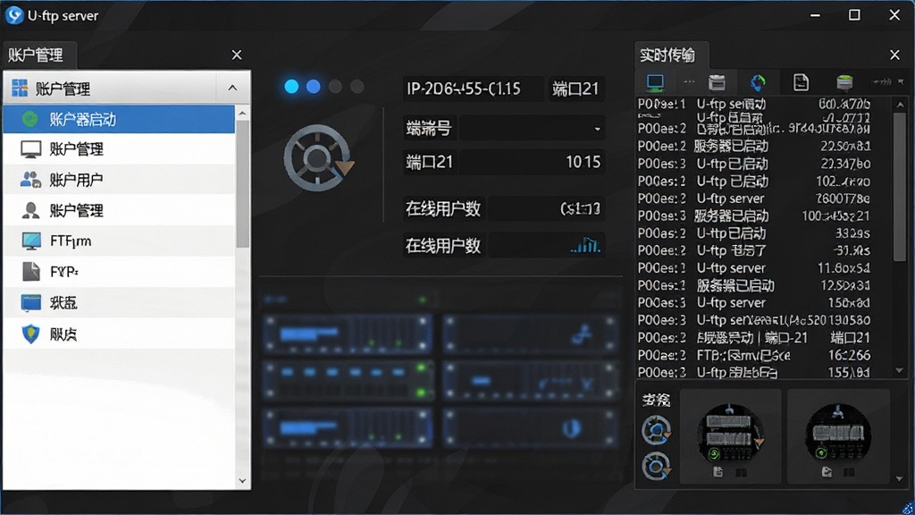 U-ftp server�����������ͼ����������չʾFTP����������״̬��壬���Ϊ�˻������б����Ҳ�Ϊʵʱ������־���ڣ�������Ϊ������ɫ���⣬������ɫ״ָ̬ʾ�ƺ�������ͼ�갴ť�����岼�����࣬���רҵ��ϸ�ڰ���������IP��ַ��ʾ���˿ںš������û����������������������ݰ�����U-ftp server���������������������˿�21�����������ɾ��޶���Ԫ��