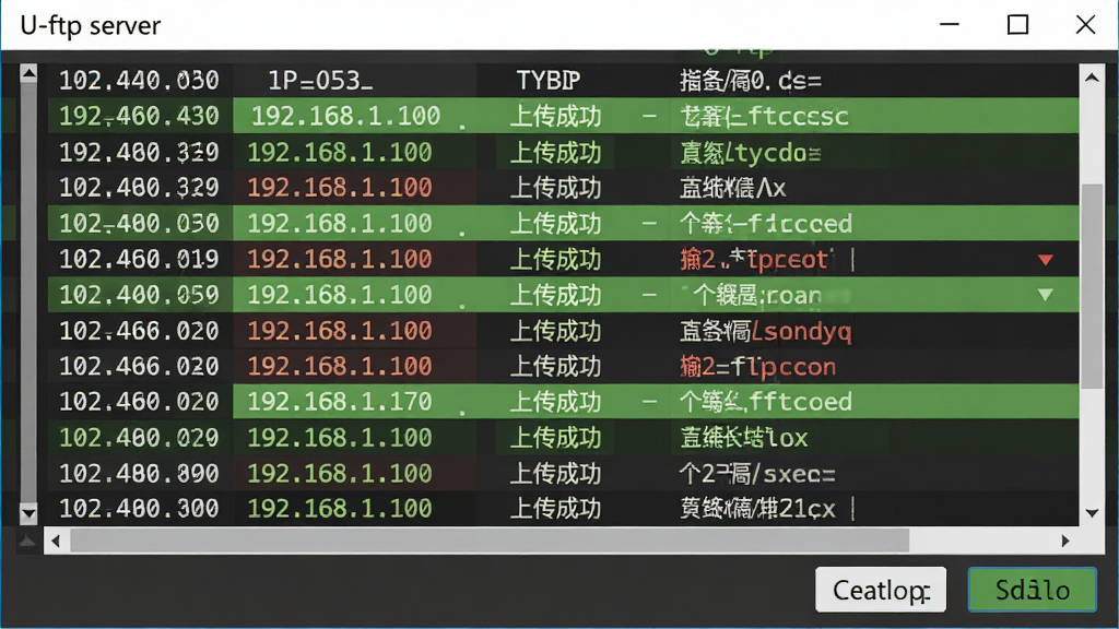 U-ftp serverʵʱ������־���ڣ�����չʾһ����������־�б���ÿ�а���ʱ�����IP��ַ���������ͺ��ļ���������������ɫ������ʾ�ɹ�����ɫ��ʾʧ�ܣ����汳��Ϊ���ɫ������Ϊ��ɫ��ǳ��ɫ����������ն˿���̨�������Ѻã�ϸ�ڰ����������������־��ť�͵�����ť�������������������ݰ�����U-ftp server����192.168.1.100�����ϴ��ɹ������������ɾ��޶���Ԫ��
