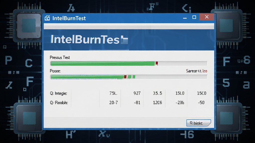 一张展示 IntelBurnTest 软件主界面的数字插画,画面中央是简洁的英文操作窗口,窗口内显示压力测试进度条与运算数据,背景为深色科技风格,周围环绕着抽象的 CPU 芯片与运算符号,布局居中对称,风格写实科技感,细节清晰,画质高清,干净无多余元素,无杂乱文字