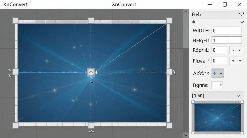 一张展示 XnConvert 尺寸调整与裁剪功能的图片,画面中一张图片被放置在调整框内,四周有裁剪控制点,右侧面板显示宽度、高度、比例等参数输入框,软件名称