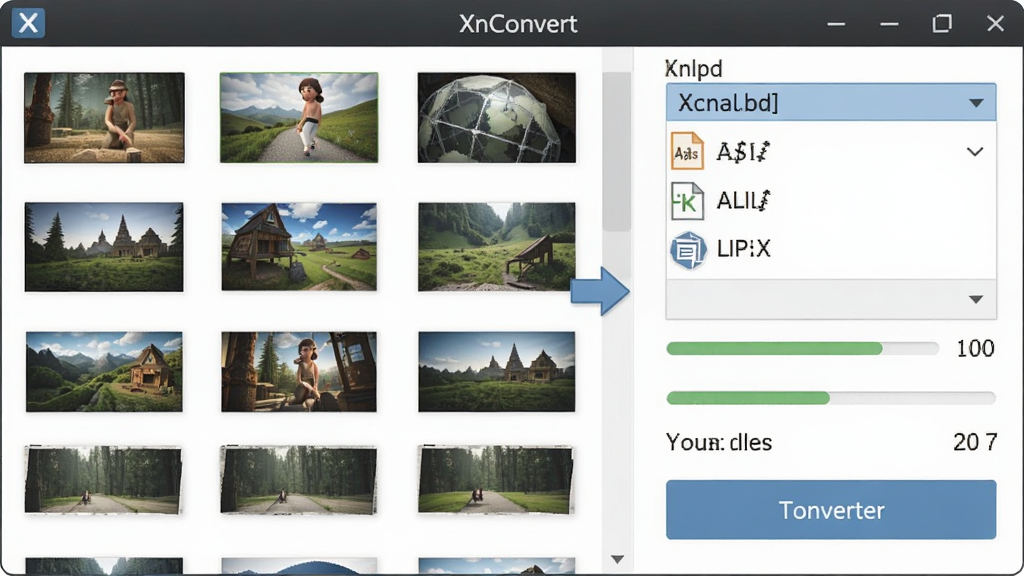 一张展示 XnConvert 批量格式转换功能的图片,画面中左侧排列着多张不同格式的图片缩略图,右侧显示输出格式下拉菜单和转换按钮,中间有箭头表示转换流程,软件名称
