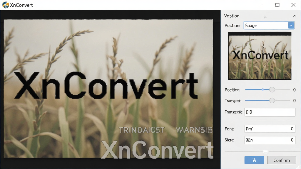一张展示 XnConvert 水印添加功能的图片,画面中一张照片右下角叠加了半透明文字水印,右侧面板显示水印设置选项包括位置、透明度、字体大小,软件名称