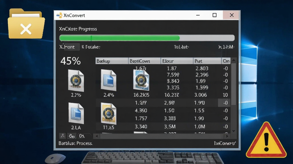 一张展示 XnConvert 软件在 Windows 电脑上运行批量处理任务的图片,画面中软件窗口显示进度条和文件列表,旁边有备份文件夹图标和警告标志,软件名称