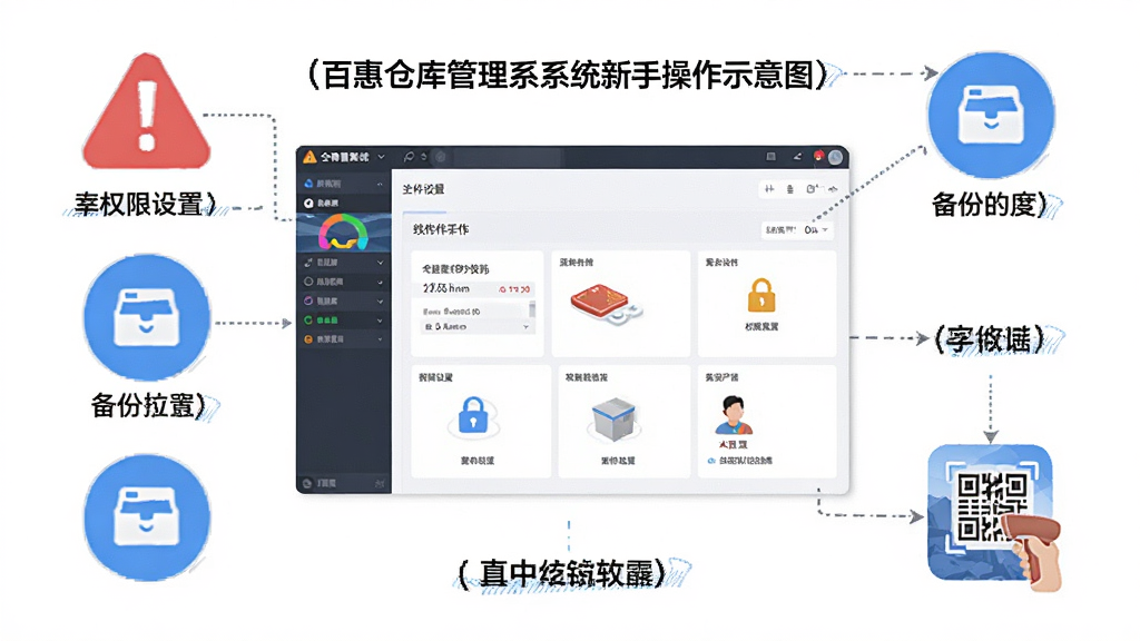 百惠仓库管理系统新手操作示意图,主体为软件操作界面与注意事项标注,布局采用居中排版,画面中央为软件主界面,四周分布着红色警示图标与蓝色提示图标,风格为简洁的信息图插画,细节包括权限设置、备份图标与扫码提示,画质高清,干净,无多余元素