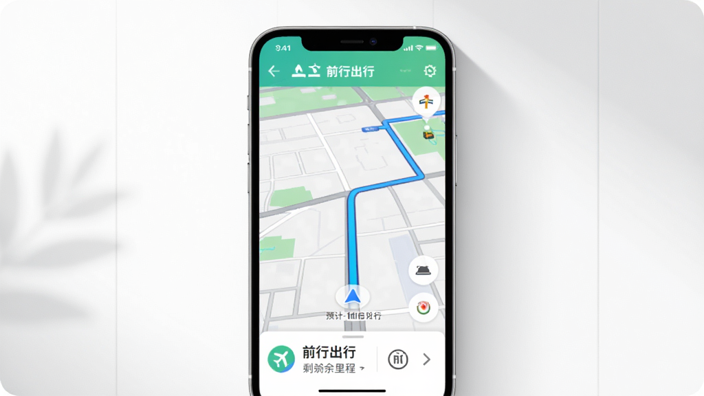 һ��չʾ��ǰ�г��С�APP���õ������ܵ��ֻ���ͼ���������ֻ���Ļ��ʾʵʱ��ͼ�������棬·������ɫ������ע���ײ���ʾԤ�Ƶ���ʱ���ʣ����̣���Χ�м��İ�ɫ��������͹�ӰЧ�������������ɾ�
