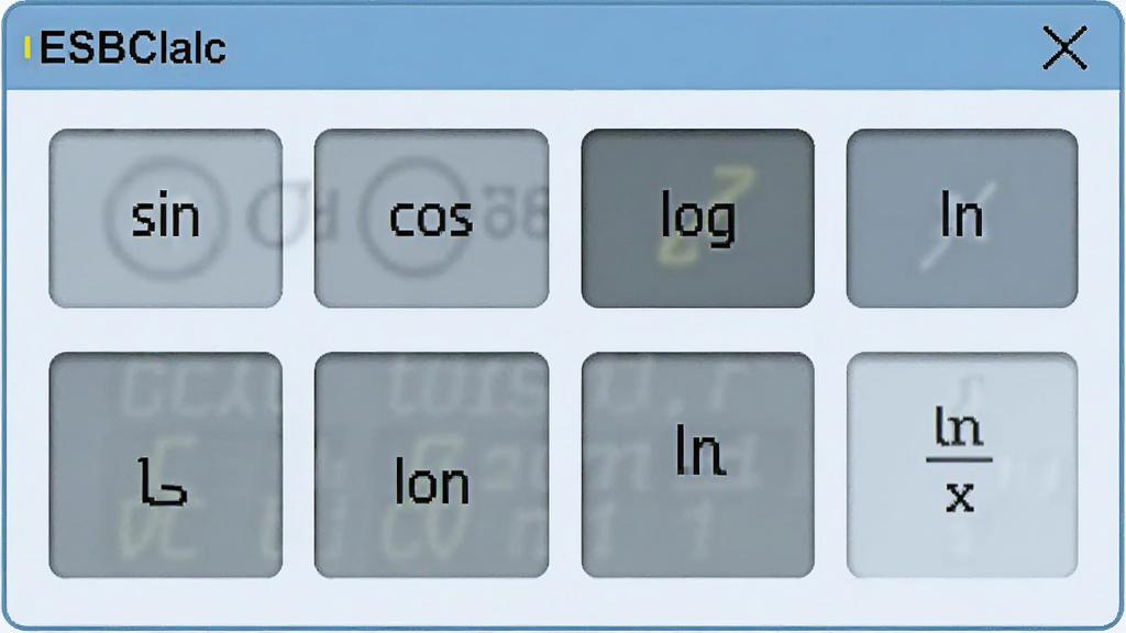 һ��չʾESBCalc��������ͼƬ��������������sin��cos��log��ln����ѧ������ť����������רҵ������Ϊ����ɫ�������������޶���Ԫ��