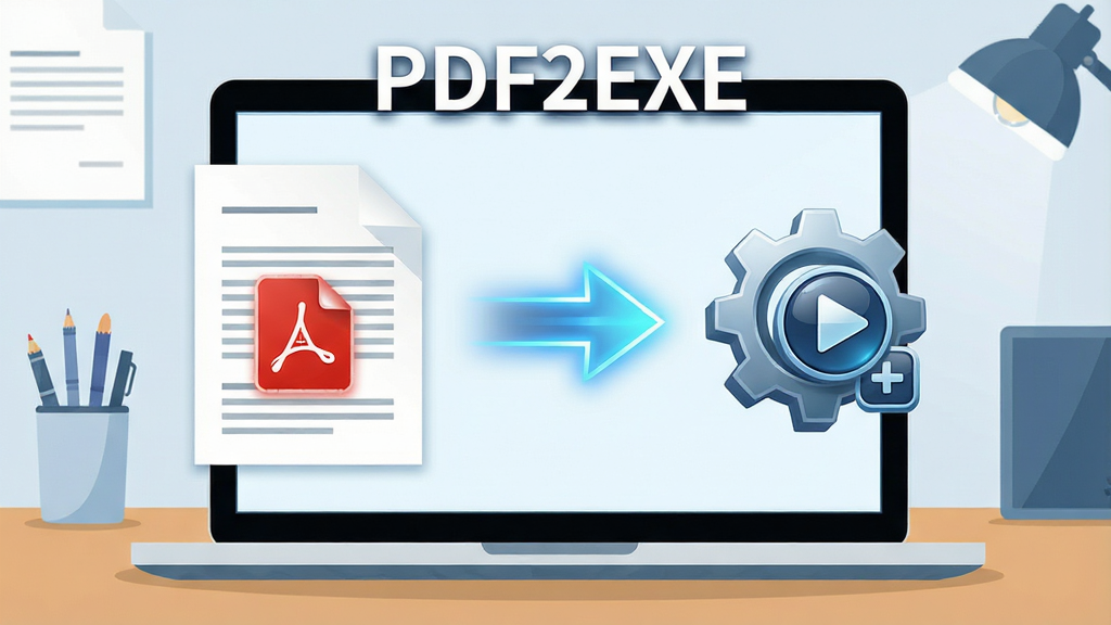 һ��չʾPDF�ĵ�ת��ΪEXE��ִ���ļ�ȫ���̵ĳ���ͼ������������һ̨�ʼǱ�������Ļ����Ļ�����ʾ���к�ɫPDFͼ����ĵ����Ҳ���ʾ���г����벥�Ű�ť��EXE����ͼ�꣬�м��÷���ļ�ͷ���ӣ�����������İ칫���棬���Ϊ�ִ���ƽ���Ƽ��廭��ϸ�ڰ����ĵ�ҳ�����������������ͼ���������󣬻��������ɾ����޶���Ԫ�أ�ͼƬ�б�ע���֡�PDF2EXE��