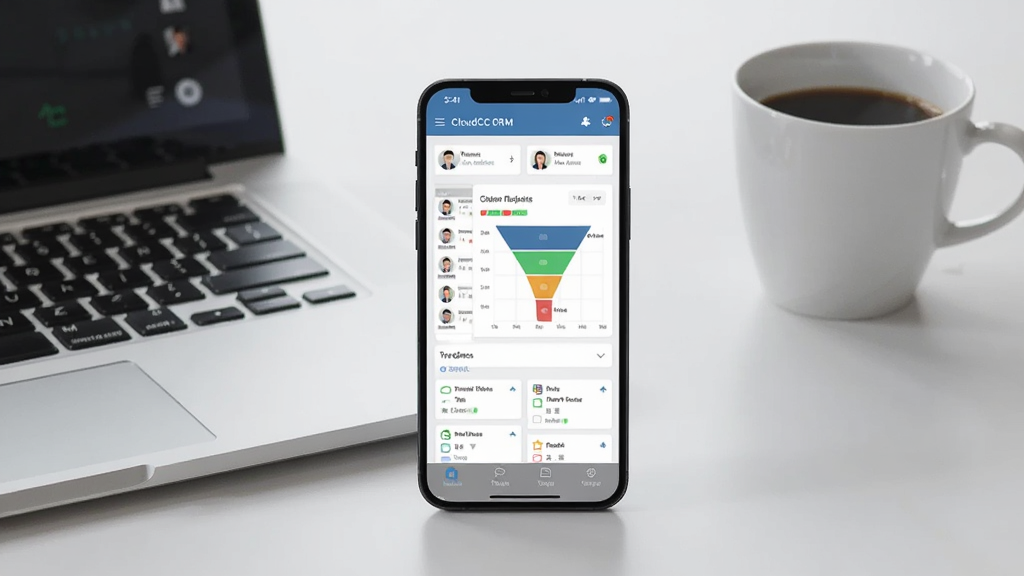 CloudCC CRM����������ȫòչʾ�������������һ�������ֻ����ֻ���Ļ��ʾ�ͻ���ϵ�����Ǳ��̣������ͻ��б�������©��ͼ������������Ƭ������Ϊǳ��ɫ�칫���棬�Ա߰ڷűʼǱ����ԺͿ��ȱ������岼�ֲ��þ��й�ͼ�����Ϊ�ִ������ƽ����ϸ�ڰ�������ͼ����ͷ��ͼ�ꡢ״̬��ǩ�������������ɾ����޶���Ԫ��