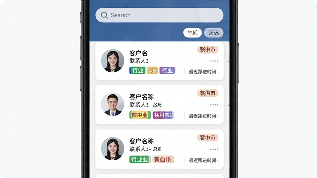 CloudCC CRM�ͻ����Ϲ�������չʾ����������Ϊ�ֻ���Ļ����Ļ�ڳ��ֿͻ���Ϣ��Ƭ�б���ÿ�ſ�Ƭ�����ͻ����ơ���ϵ��ͷ����ҵ��ǩ���������ʱ�䣬����Ϊ�����б��Ű棬���Ϊ�������ϸ�ڰ�����������ɸѡ��ť����ɫ��ǩ�������������ɾ����޶���Ԫ��