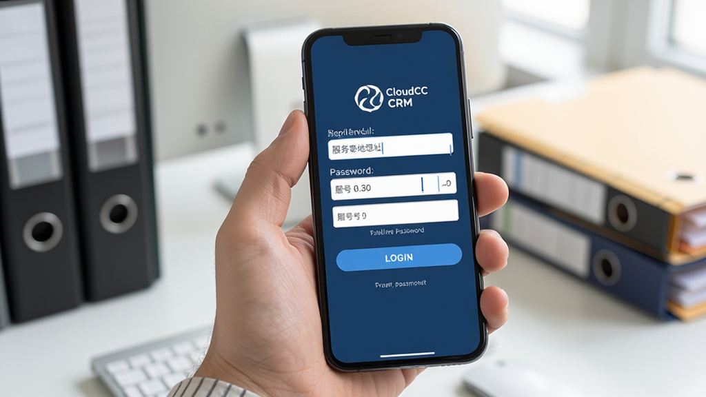 CloudCC CRM�ֻ��˰�װ���¼������������������Ϊһֻ�������ֻ����ֻ���Ļ��ʾ��¼���棬������������ַ������˺�����������¼��ť������Ϊ�칫�����ļ��У�����Ϊ������д�����Ϊдʵ����ϸ�ڰ��������ꡢ��ҵLogoλ�á���ʾ���֣������������ɾ����޶���Ԫ��