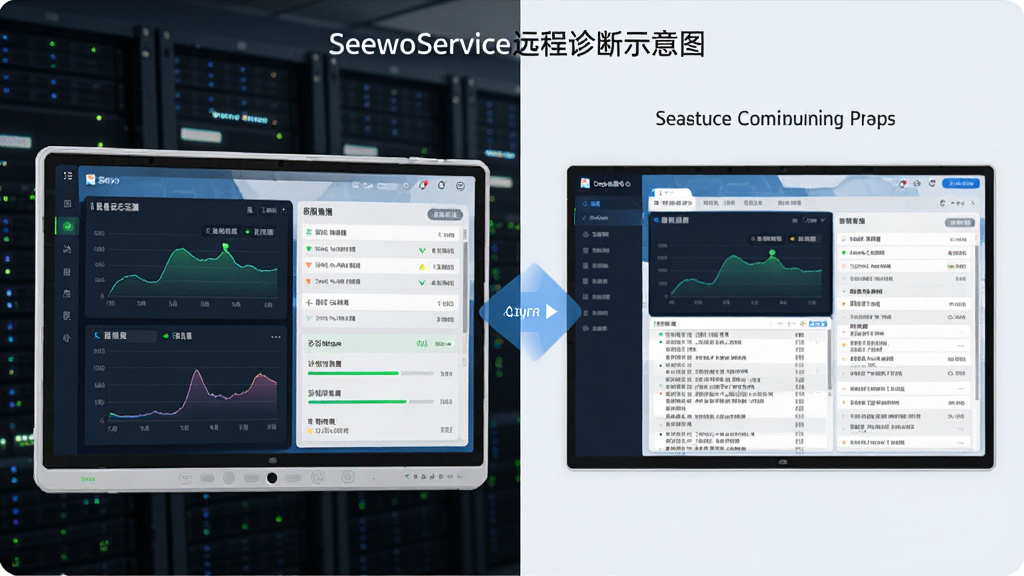 SeewoServiceԶ����Ϲ���ʾ��ͼ������չʾһ̨ϣ�ֽ�������ƽ����Զ����ά����ͨ����ȫͨ�����ӣ���Ļ����ʾ�豸״̬������������־������Ϣ������Ϊ���ҷ��������Ϊ�豸�˽��棬�Ҳ�Ϊ�ƶ���ά��̨�����Ϊ�ִ��Ƽ��У�ϸ�ڰ����������ߡ�״ָ̬ʾ�ơ���Ͻ������������������ɾ����޶���Ԫ��
