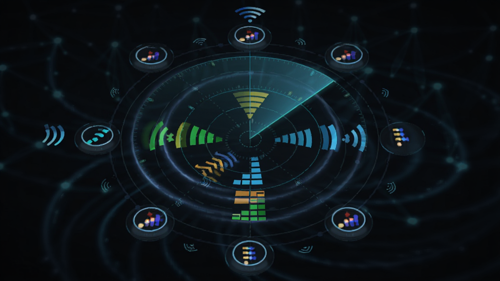 һ��AI����ͼ������Ϊwifi����ȫ��Կ�������е��״�ɨ�趯�����棬����Ϊ����������ɢ�Ĳ�������Χ�ֲ����ȵ�ͼ�꣬�Ű�ΪԲ�η���״�����Ϊ�ƻü�Լ�磬ϸ�ڰ�����ͬ��ɫ���źŸ񡢶�̬����Ч�������ʸ��壬�ɾ����޶���Ԫ��