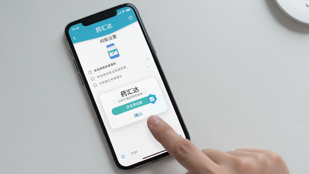 һ��չʾҩ���APP��װ��Ȩ�����ý����ͼƬ���ֻ���Ļ��ʾȨ�޹���ҳ���밲װȷ�ϵ���������������ָ�����Ļ�Ķ���������Ϊǳ��ɫ���棬�����������ˣ����������ɾ����޶���Ԫ��