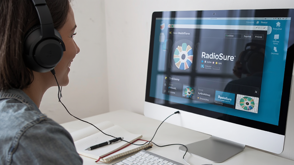һ���û����ڵ���ǰ���Ŷ�����RadioSure�ĳ�������Ļ��ʾ�ŵ�̨���棬�������бʼǱ��ͱʣ�����Ϊ����ƫ���Ű���Ȼ�����Ϊдʵ����磬ϸ�ڰ��������ߡ���Ļ���⡢����΢Ц���飬���ʸ��壬�ɾ����޶���Ԫ��