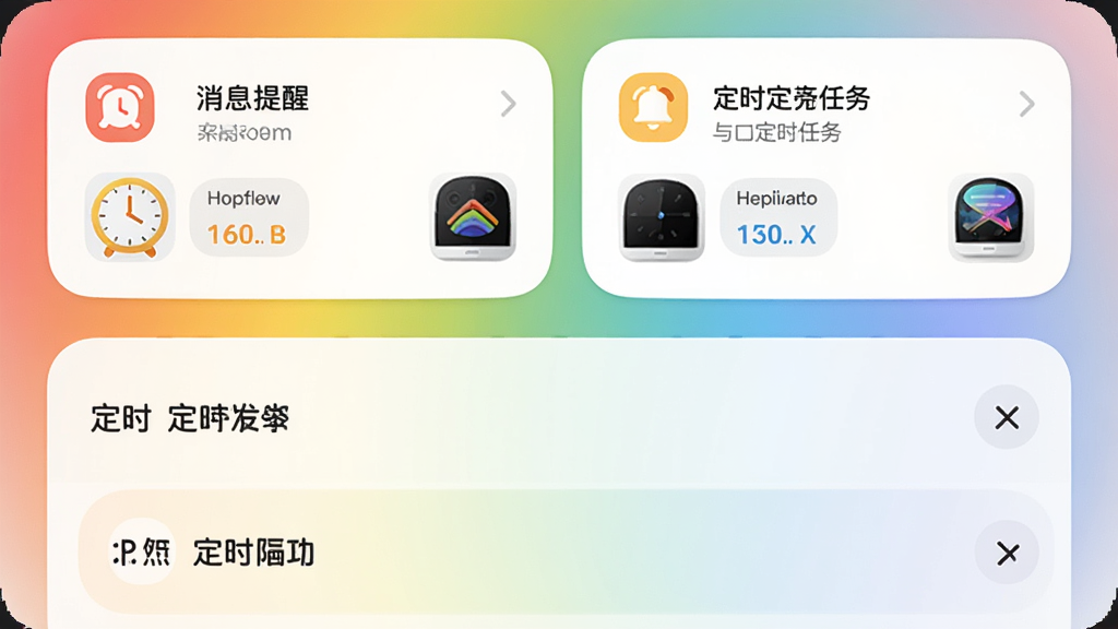 ���������ǲʺ糲APP����Ϣ�����붨ʱ������棬����Ϊ���½ṹ���Ϸ������ѿ�Ƭ���·��Ƕ�ʱ�б����Ű���������Ϊ���Բ����ƣ�ϸ�ڰ���ʱ��ͼ�ꡢ����ͼ�����豸����ͼ�����ʸ��壬�ɾ����޶���Ԫ��