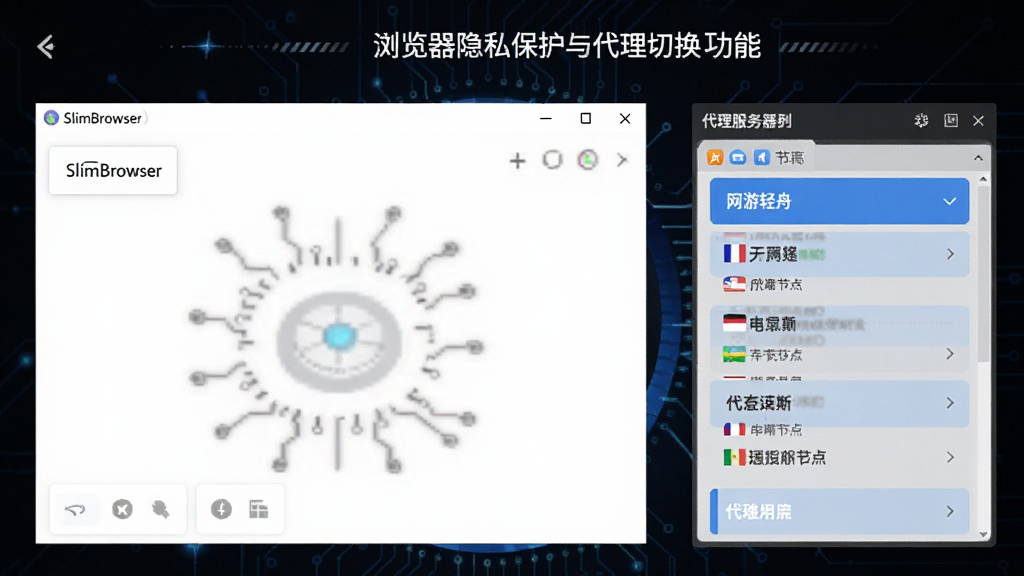 SlimBrowser(网游轻舟)浏览器隐私保护与代理切换功能示意图,画面左侧为无痕浏览窗口,右侧为代理服务器列表面板,面板中显示多个国家节点选项,背景为深色科技感风格,界面元素清晰锐利,画质干净整洁