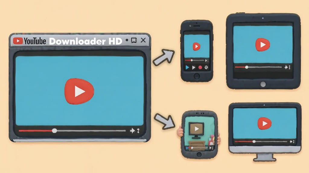 ��������� YouTube Downloader HD �������ڣ��Ҳ����ֻ���ƽ��͵��������豸ͼ�꣬�м��м�ͷ������ָ���豸���豸��Ļ����ʾ���ڲ�����Ƶ������Ϊ��͵�ǳ��ɫ�����Ϊ�Ѻÿ�ͨ�廭��ϸ�ڰ����豸�߿��Բ�Ǻ���Ƶ���Ű�ť�����������ɾ����޶���Ԫ��