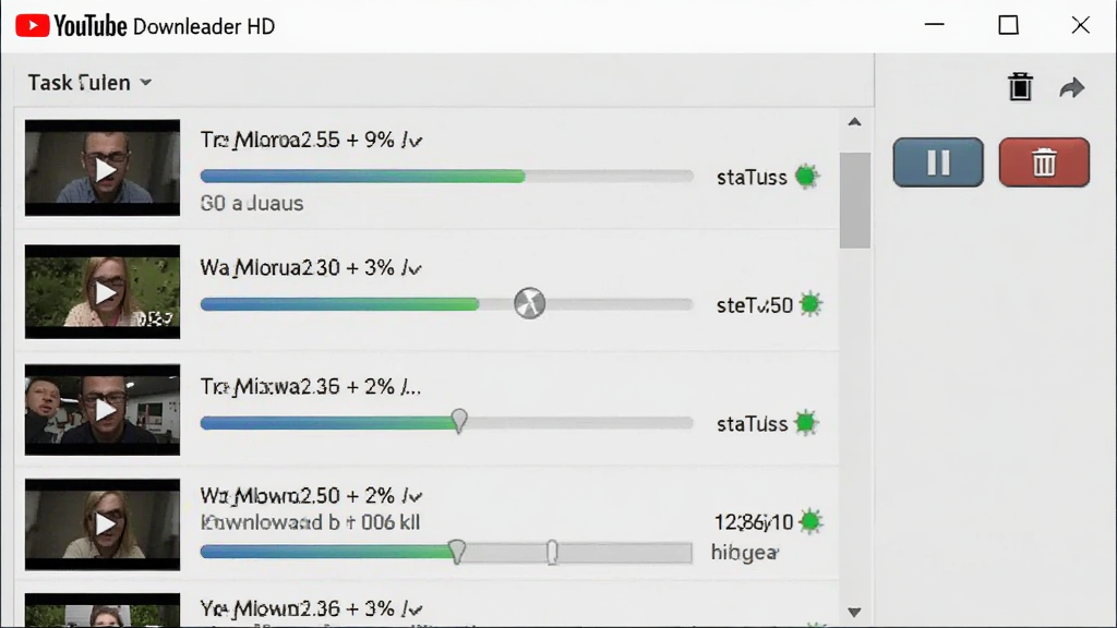 ������ YouTube Downloader HD ����������ʾһ�����������б��������Ƶ��Ŀ�������룬ÿ����Ŀ���н�������״̬ͼ�꣬�����Ҳ�����ͣ��ɾ����ť������Ϊ����ɫ�����������Ϊдʵ������ͼ�磬ϸ�ڰ����������Ľ���Ͱ�ť������У����������ɾ����޶���Ԫ��