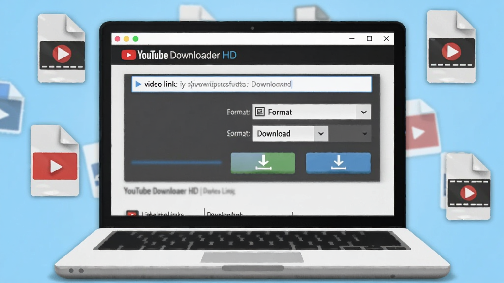 ����������һ̨�򿪵ıʼǱ����ԣ���Ļ����ʾ YouTube Downloader HD ���������棬����������Ƶ��������򡢸�ʽѡ�������˵������ذ�ť��������Χɢ���ż�����Ƶ�ļ�ͼ�꣬�����Ǽ���ǳ��ɫ���䣬���Ϊ�ִ���ƽ���Ƽ��廭��ϸ�ڰ����������ڵ���Ӱ��ͼ��ĸ߹⣬���������ɾ����޶���Ԫ��