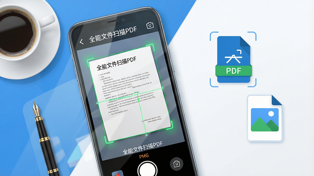 ��������չʾһ�������ֻ����ֻ���Ļ������ʾ��ȫ���ļ�ɨ��PDF�������ɨ����棬��������һ��ֽ���ĵ����ڱ���ɫ�߿��Զ�ʶ�𣬱����Ǹɾ�����İ칫���棬���������һ�����Ⱥ�һ֧�ֱʣ���ͼ���ø����ӽǣ��������ֻ�ռ�ݻ�������ƫ��λ�ã��Ҳ����״�Ư����ɨ����ɵ�PDF�ļ�ͼ���JPGͼƬͼ�꣬���Ϊ�ִ���ƽ���Ƽ��磬ϸ�����ֻ���Ļ����΢���⣬�ĵ���Ե��������������ɫ��������Ϊ�������ʸ��壬�ɾ����޶���Ԫ��