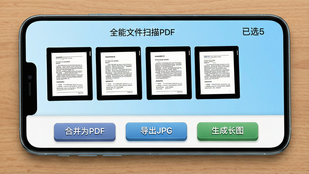 һ���ֻ�ƽ���������ϣ���Ļ��ʾ��ȫ���ļ�ɨ��PDF��������ɨ����н��棬����������������ͼ���г����У�ÿ������ͼ����һҳɨ���ĵ����·��кϲ�ΪPDF������JPG�����ɳ�ͼ������ť����Ļ���Ͻ���ʾ��ѡ5ҳ��������ǳ��ɫ���䣬���Ϊ��ƽ�����ͼ��ϸ��������ͼ����չʾ�ĵ����ݣ���ť������У����ʸ��壬�ɾ����޶���Ԫ��