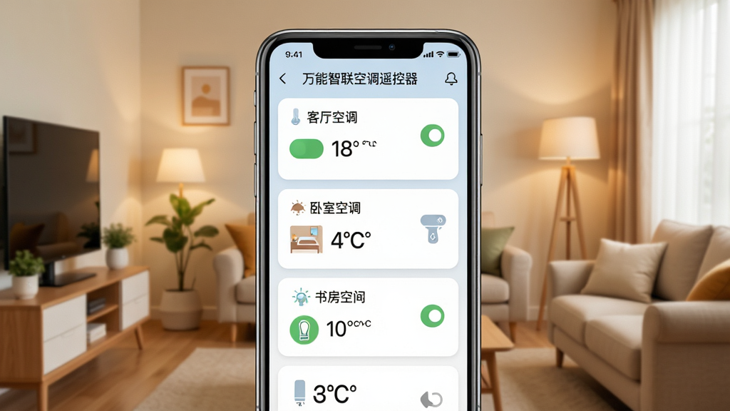 һ��չʾ�����������յ�ң���������豸���������ͼƬ���ֻ���Ļ���г������յ������ҿյ����鷿�յ��ȶ���豸��Ƭ��ÿ����Ƭ���п���״̬���¶���Ϣ����������ܰ�Ҿӻ��������ֲ����ֻ����С��豸��Ƭ���ƵĹ�ͼ����������죬ϸ�ڰ����豸���ơ��¶����֡�����ͼ�꣬�����������ɾ����޶���Ԫ�ء�