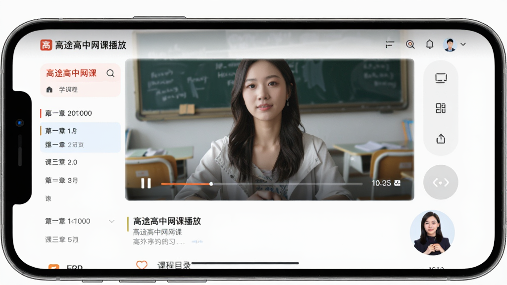��;�������β���ҳ�棬����Ϊ�ֻ�����չʾ�γ���Ƶ���������Ϸ���Ƶ�����·��γ�Ŀ¼���Ű���򣬷����ѧϰ�磬ϸ�ڰ������Ž����������ٰ�ť���½��б�����ʦͷ�񣬻��ʸ��壬�ɾ����޶���Ԫ��