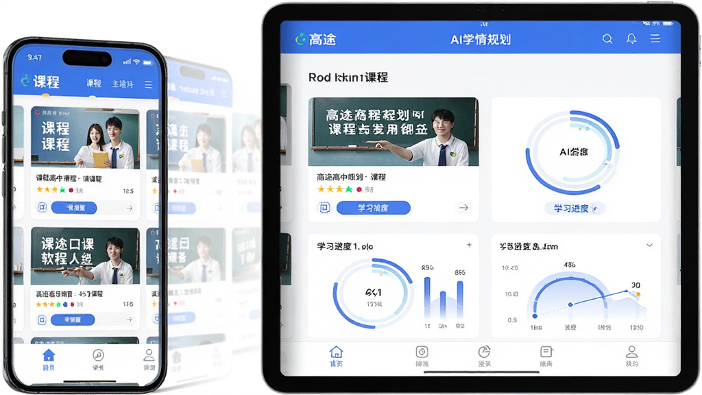 ��;���������������ֻ���ƽ�岢��չʾ������Ϊ�γ��б�ҳ��AIѧ��滮ҳ��������в��֣��Ϸ���Ʒ����ɫ���������м��ǿγ̿�Ƭ��ѧϰ���Ȼ����·��ǵײ����������������½����磬ϸ�ڰ����γ̷��桢��ť������ͼ�������ʸ��壬�ɾ����޶���Ԫ��