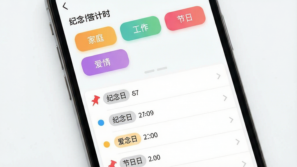 �����ʱ�����ǩ��������ͼ������Ϊ�ֻ���Ļ�ڼ����ʱAPP�ı�ǩ����ҳ�棬��Ļ���С���ͥ���������������顱�����ա��Ȳ�ɫ��ǩ��ť���·��Ǵ���ǩ�ļ������б�������Ϊ��ɫ������Ϊ�������б���ϣ������ˬ���죬ϸ���в�ɫԲ�㡢��ǩ���֡��ö�ͼ��ͼ�꣬�����������ɾ����޶���Ԫ��