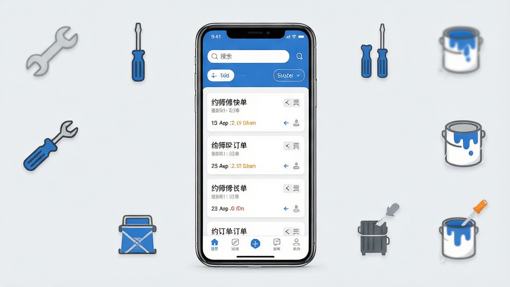 Լʦ����ӵ�����������չʾ������������һ�������ֻ�����Ļ��ʾԼʦ����ӵ�APP�Ķ����б�ҳ�棬������Ƭ�������У���������������ɸѡ��ť���ײ��е�����������Ϊ�ɾ���ǳ��ɫ���ֻ���Χ�����Ź���ͼ������֡���˿��������Ͱ�ȣ�������������ɫ������ɫ�Ͱ�ɫΪ���������������ɾ��޶���Ԫ��